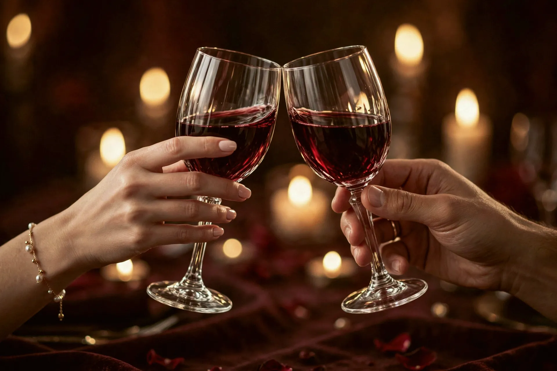烛光下两只手轻轻碰杯，杯沿映着暖光